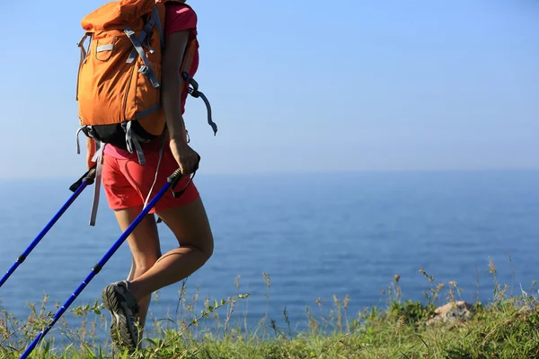 Vrouw backpacker op zee berg — Stockfoto