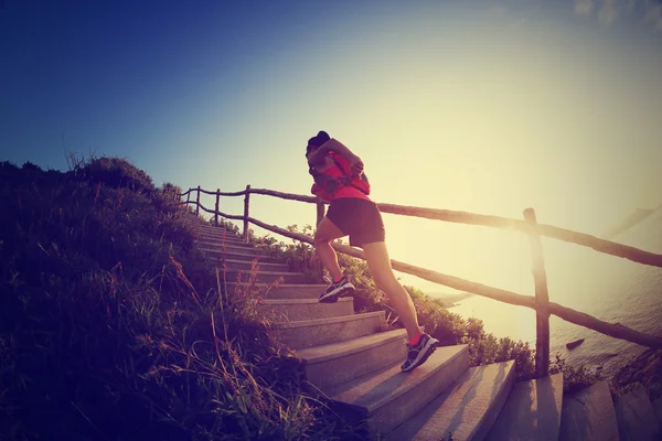 Joven Mujer Fitness Corriendo Por Las Escaleras Montaña —  Fotos de Stock
