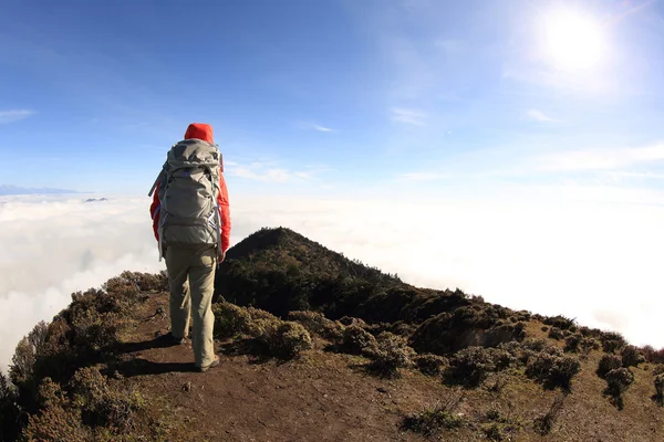 Kvinnan hiker på bergstopp — Stockfoto