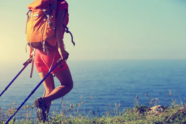 Ung Kvinna Backpacker Promenader Seaside Skogsstig — Stockfoto