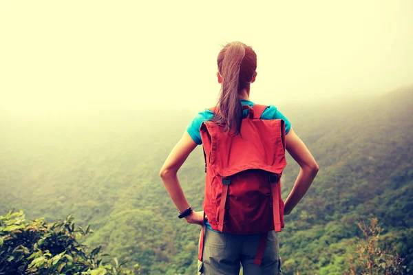 Mujer sobre vista de montaña — Foto de Stock