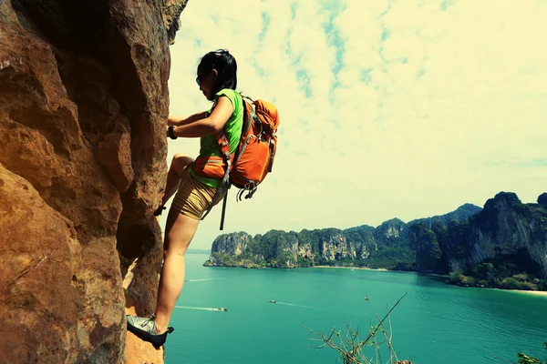 Woman rock climber at  mountain cliff — Stock Photo, Image