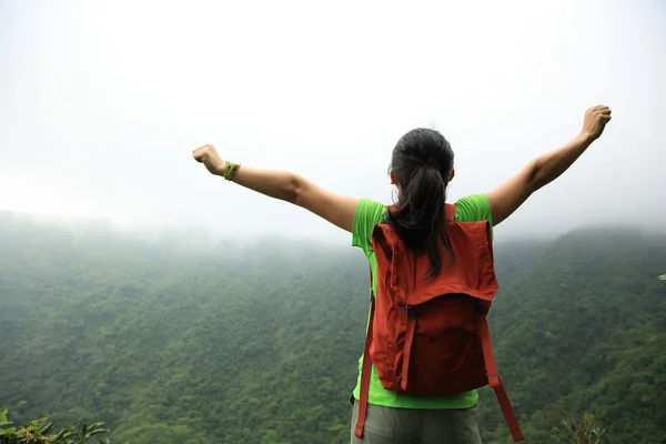 Mujer con los brazos abiertos en la montaña — Foto de Stock