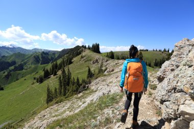 Genç kadın backpacker Hiking