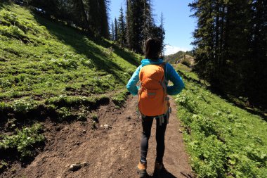 Genç kadın backpacker Hiking 