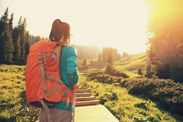 Mujer joven excursionista senderismo — Foto de Stock