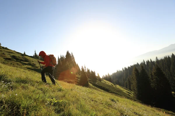 Mladá žena batohem, turistika — Stock fotografie