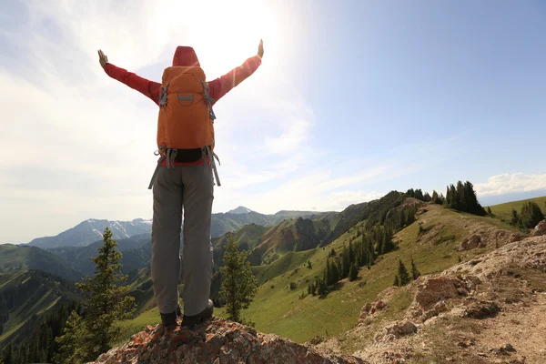 Mujer mochilero en pico de montaña —  Fotos de Stock