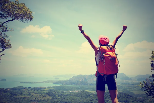 Backpackerin auf Berggipfel — Stockfoto