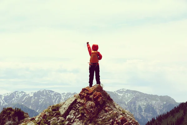 Woman backpacker  on mountain peak — Stock Photo, Image