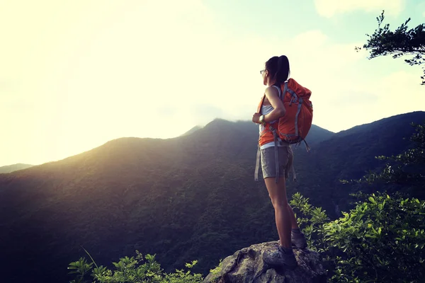 Mujer disfrutar de la vista en la cima de la montaña — Foto de Stock