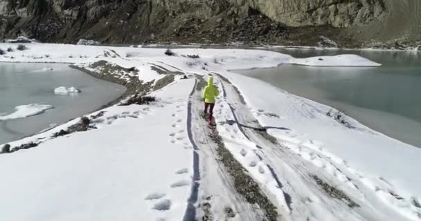 冬の大自然の中を走る女トレイルランナー — ストック動画