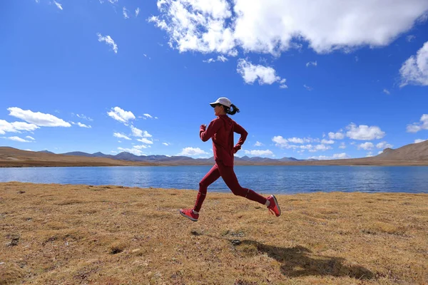 Γυναίκα Δρομέας Μονοπάτι Διασχίζουν Χώρα Τρέχει Στη Λίμνη Χειμώνα — Φωτογραφία Αρχείου