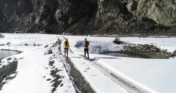 Due Donne Trail Runner Attraversano Paese Correndo Nella Natura Invernale — Video Stock