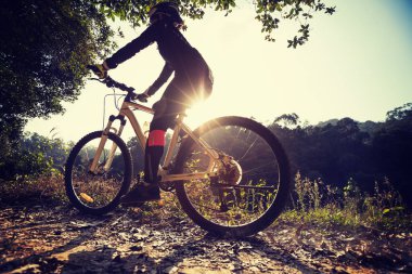 Bisikletli bir kadın gündoğumunda orman yolunda bisiklet sürüyor.