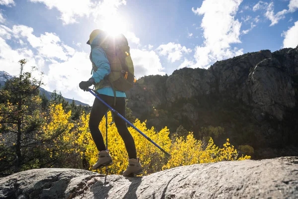 Escursionista Donna Escursioni Nelle Montagne Invernali — Foto Stock