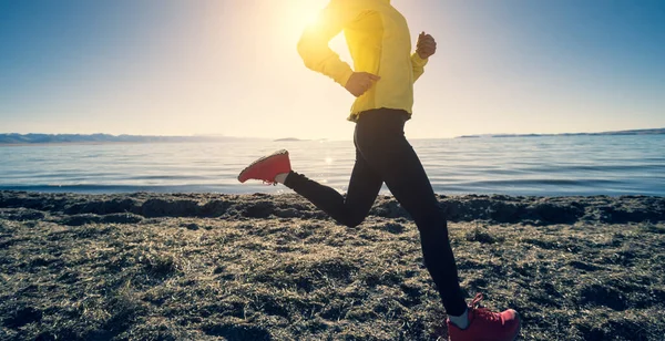 Mujer Trail Runner Cross Country Running Invierno Alta Altitud Lakeside — Foto de Stock