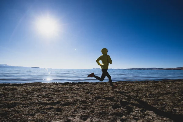 Vrouw Trail Loper Cross Country Hardlopen Winter Hoge Hoogte Meer — Stockfoto