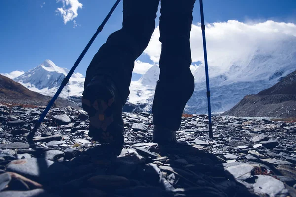 Mulher Caminhante Caminhadas Montanhas Inverno Alta Altitude — Fotografia de Stock