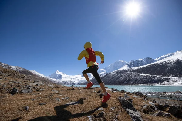 Mujer Trail Runner Cross Country Running Alta Altitud Invierno Naturaleza — Foto de Stock