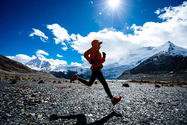 Vrouw Trail Loper Cross Country Hardlopen Hoge Hoogte Winter Bergen — Stockfoto