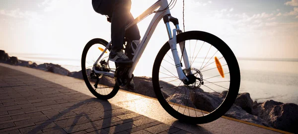 Bicicleta Ciclista Caminho Costa Nascer Sol — Fotografia de Stock