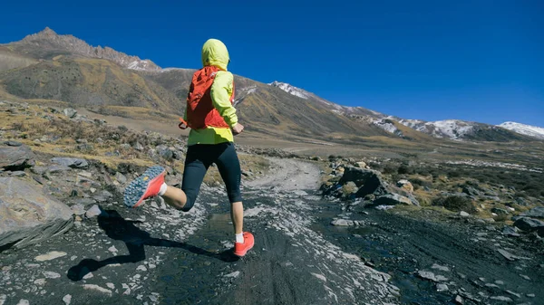 Vrouw Trail Loper Cross Country Hardlopen Winter Bergen — Stockfoto