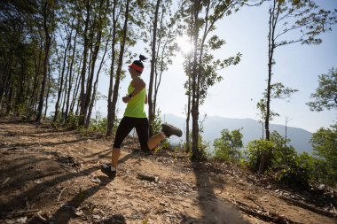 Gündoğumu tropikal ormanlarında koşan genç bir kadın koşucu.