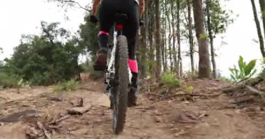 Bisikletli bir kadın dağın tepesinde orman yolunda bisiklet sürüyor.