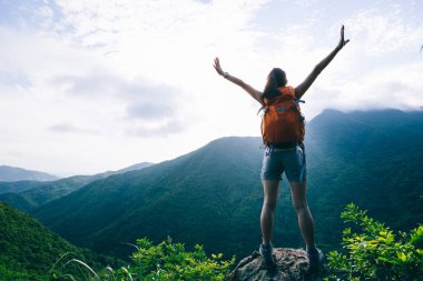 Başarılı bir sırt çantası taşıyıcısı yaz gündoğumu dağının zirvesinde uzanıyor.