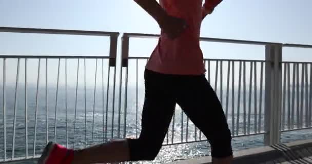 Υγιεινός Τρόπος Ζωής Γυμναστικής Δρομέας Γυναίκα Τρέχει Παραθαλάσσια Διαδρομή — Αρχείο Βίντεο