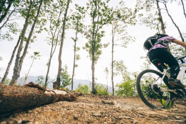 Bisikletli bir kadın dağın tepesinde orman yolunda bisiklet sürüyor.