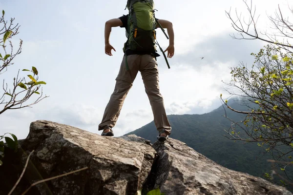 Woman Hiker Standing Mountain Top Cliff Edge — Stock Photo, Image