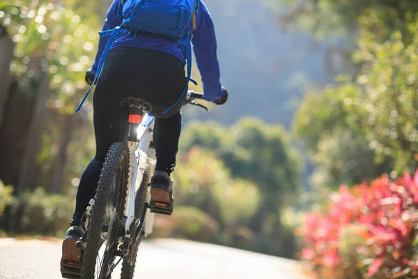 Mujer Montando Bicicleta Sendero Del Parque Tropical Primavera — Foto de Stock