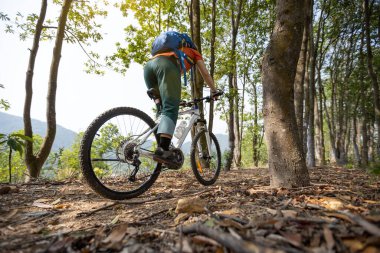 Bisikletli kadın Bahar Dağında Ormanın tepesinde bisiklet sürüyor