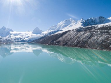 Tibet, Çin 'de mavi gökyüzünün altında kar dağları ve göl