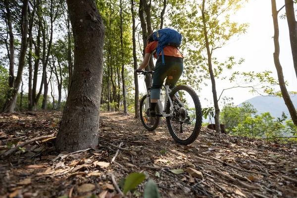 Kobieta Rowerzysta Rowerze Wiosną Górski Szlak Leśny — Zdjęcie stockowe