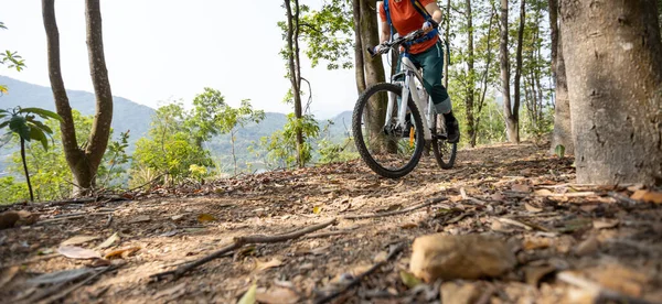 Ciclista Donna Bicicletta Sulla Montagna Primavera Sentiero Foresta Cima — Foto Stock