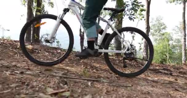 Cyklist Kvinna Rida Cykel Skogen — Stockvideo