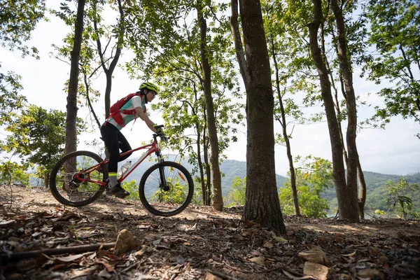 Bisikletli Kadın Bahar Dağında Ormanın Tepesinde Bisiklet Sürüyor — Stok fotoğraf