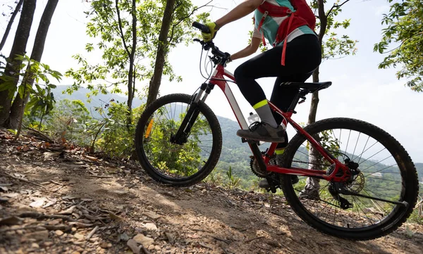 Woman Cyclist Cycling Mountain Top Forest Trail — Stock Photo, Image