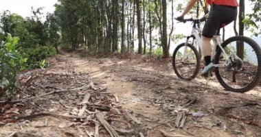 Bisikletli kadın Bahar Dağında Ormanın tepesinde bisiklet sürüyor