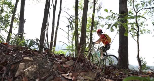 Kvinna Cyklist Cykling Våren Bergstopp Skog Spår — Stockvideo