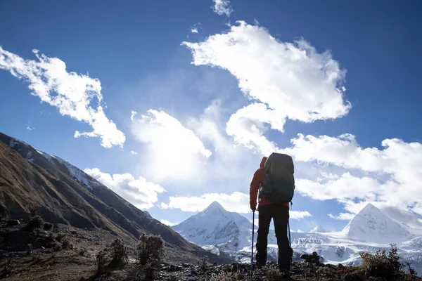 Vrouw Backpacker Wandelen Winter Hoge Bergen — Stockfoto