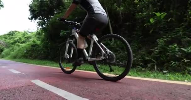 Kvinnlig Cyklist Ridning Mountainbike Utomhus Skogen — Stockvideo