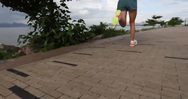 Fitness Mulher Correndo Treinamento Para Maratona Trilha Costeira Ensolarada — Vídeo de Stock