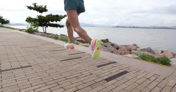 Fitness Mulher Correndo Treinamento Para Maratona Trilha Costeira Ensolarada — Vídeo de Stock