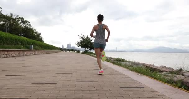 Fitness Vrouw Loopt Training Voor Marathon Zonnige Kustpad — Stockvideo