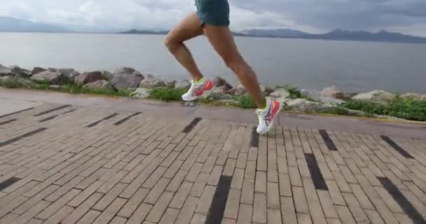 日当たりの良い海岸歩道でマラソンのためのトレーニングを実行してフィットネス女性 — ストック動画