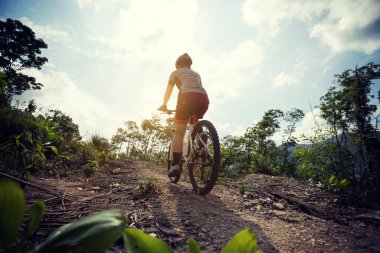 Bisikletli bir kadın dağın tepesinde orman yolunda bisiklet sürüyor.